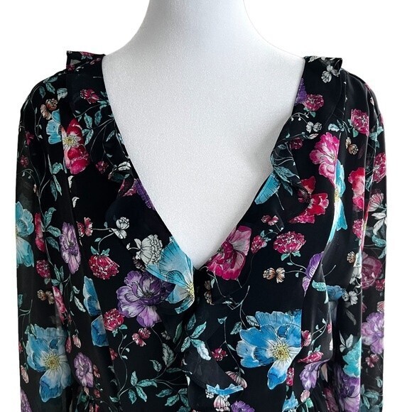 Express Dark Floral Babydoll Mini‎ Dress Ruffled Flowy Lightweight Size 6 - Picture 4 of 15